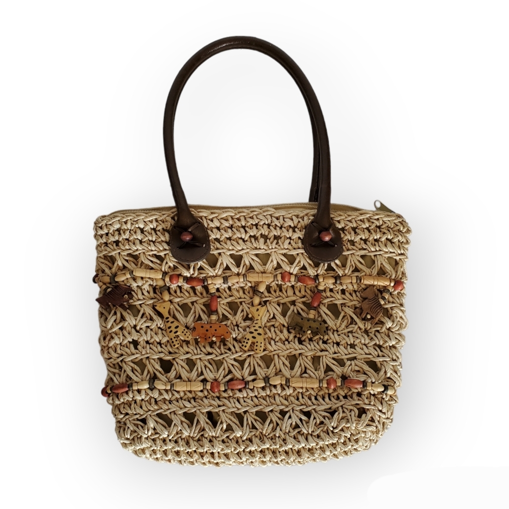 Capelli Straw Purse Handbag Animal Parade with Leather Straps